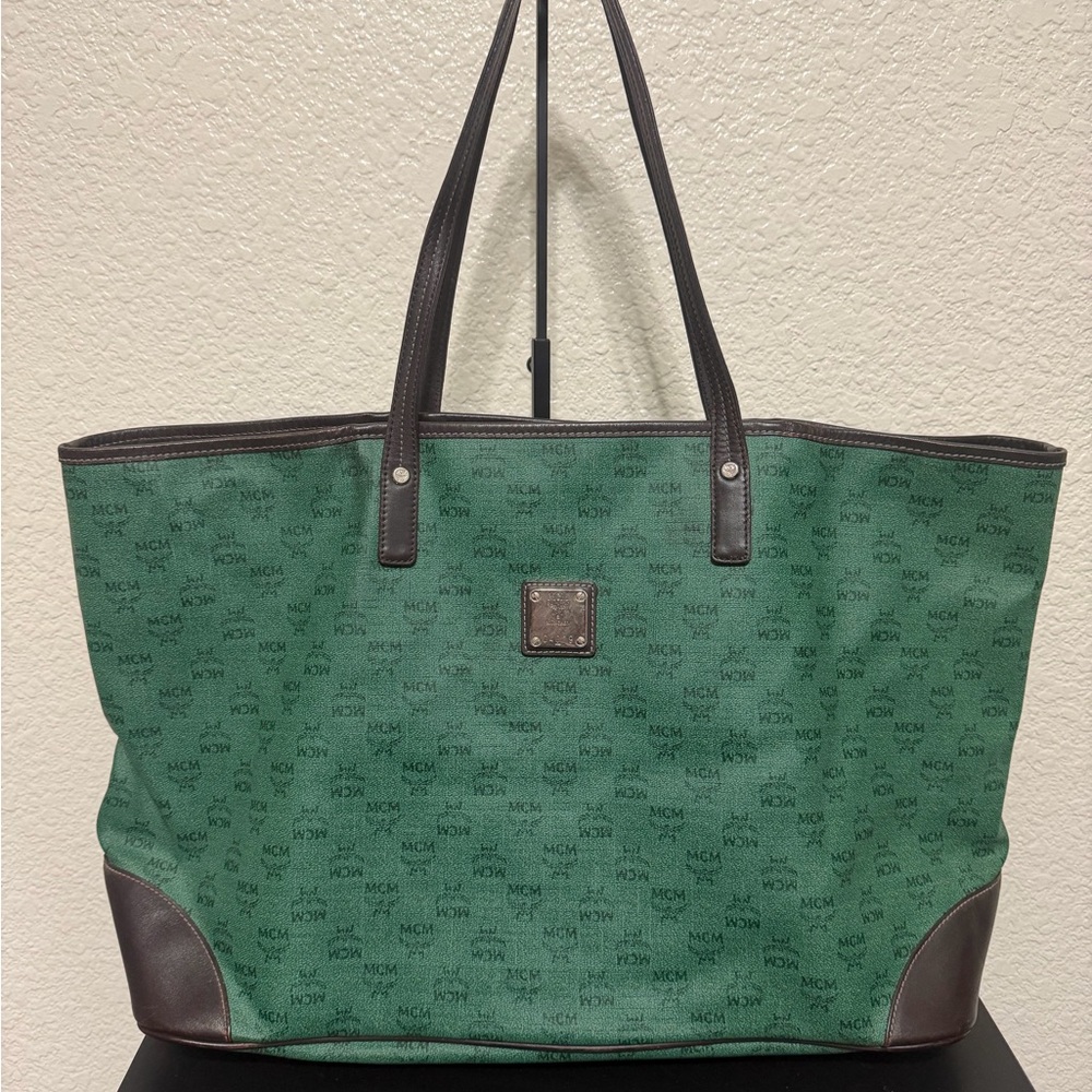 MCM Large Green Canvas Logo Tote with Brown Leather Trim